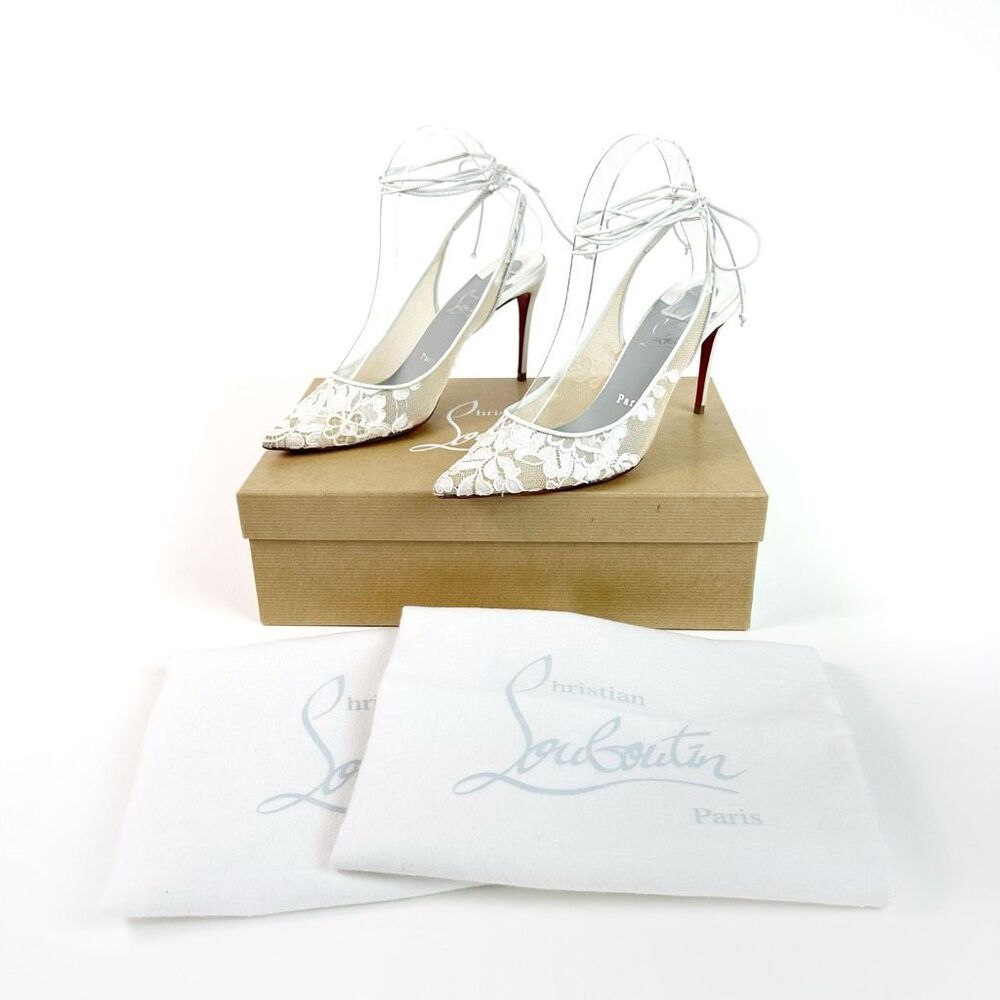 CHRISTIAN LOUBOUTIN White Kate Lace Pumps Size 38 US 8 Lace Up Satin Trim Heels